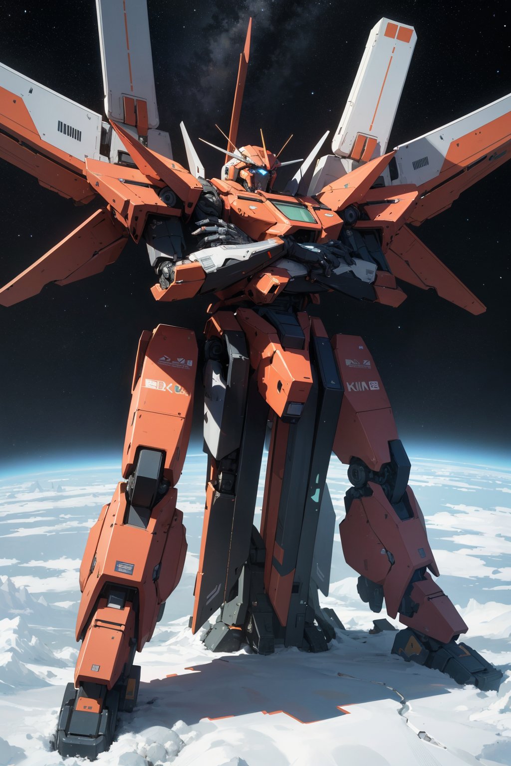 ((masterpiece)), ((best quality)), absurdres, 8k uhd, beautiful colors, insane detail,A badass giant robot mecha with  crossing arms facing viewer on scifi futuristic space station in outerspace