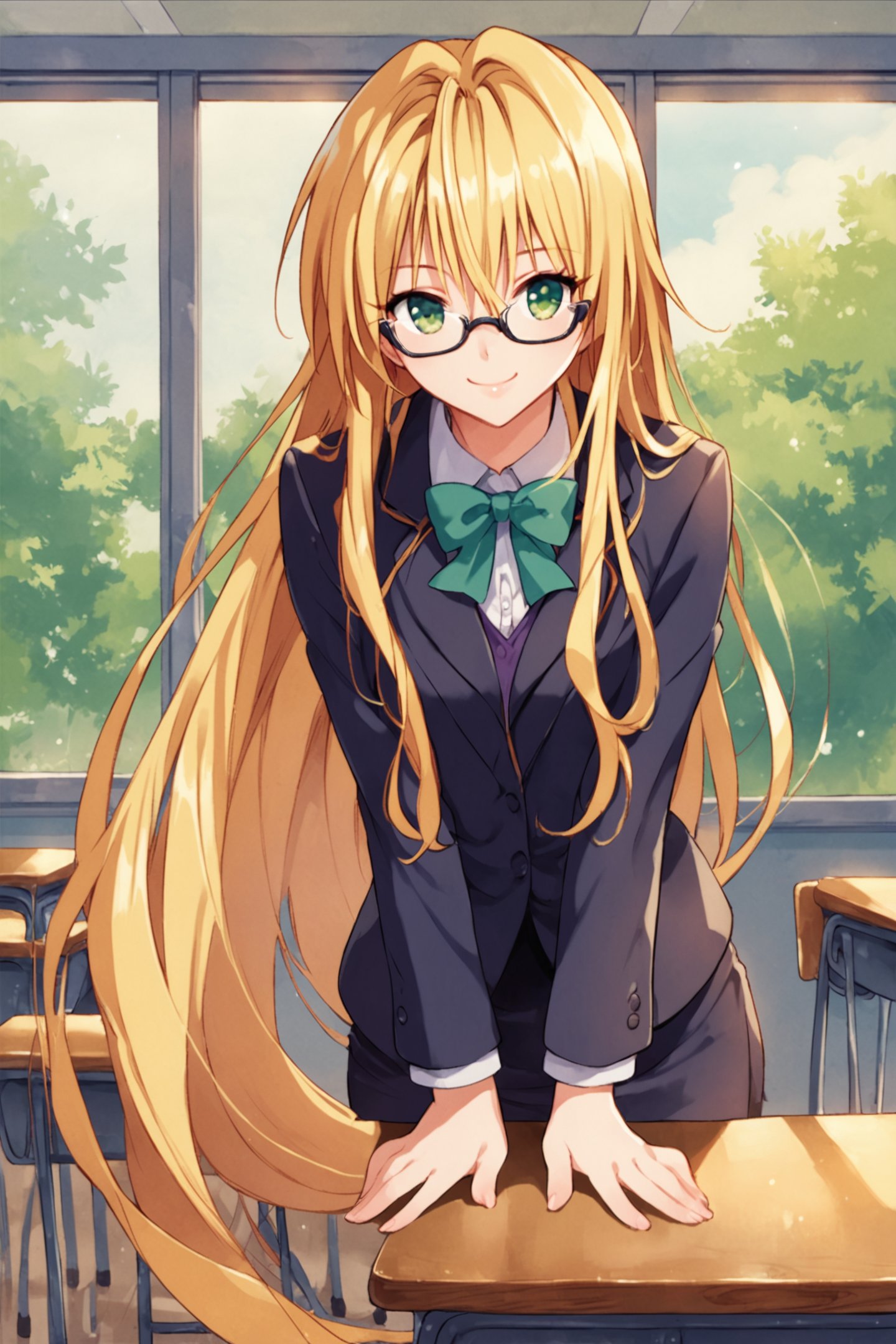 Tearju Lunatique,1girl,long hair,blonde hair,solo,glasses,green eyes,smile,skirt,formal,classroom,table,skirt suit,suit,pencil skirt,jacket,looking at viewer,very long hair,v arms,konjiki no yami,score_9,score_8_up,<lora:Yabuki Kentarou_XL_PONY_V2:0.8>,