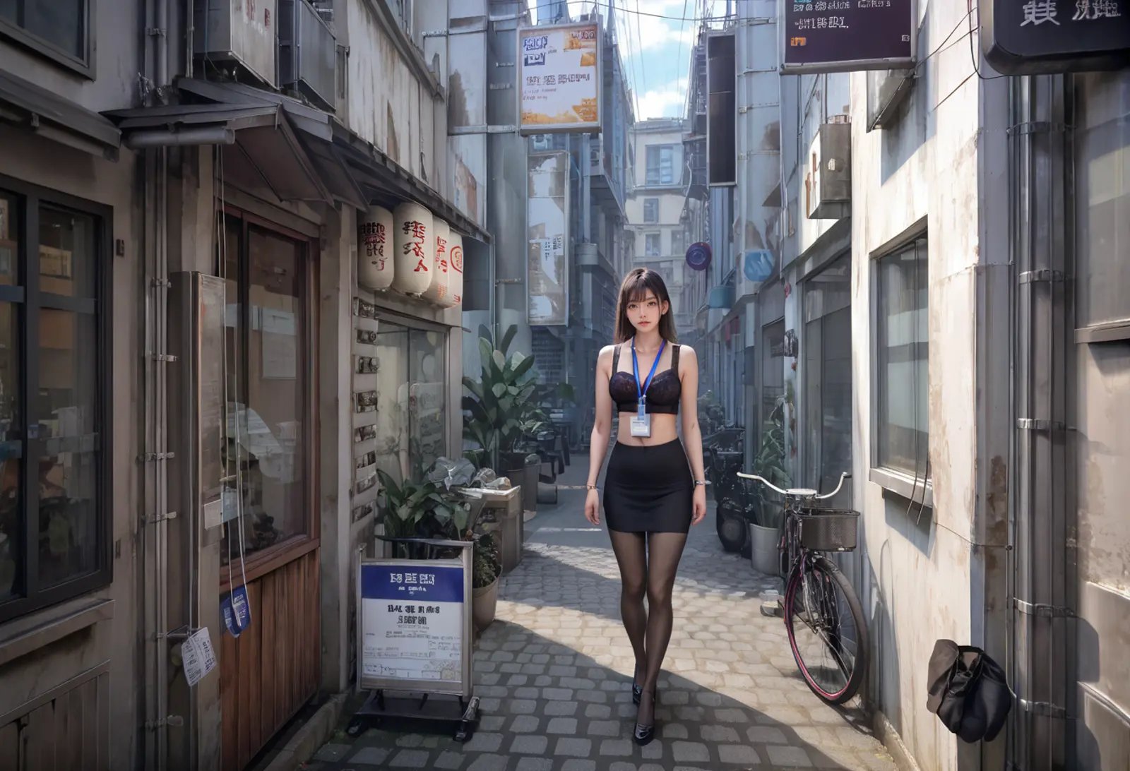 score_9,score_8_up,score_7_up,8k,,ruanyi0730,day,bra,pantyhose,miniskirt,id card,lanyard,black bra,black necktie,1girl,<lora:0730 streets and alleys_v1_pony:1>