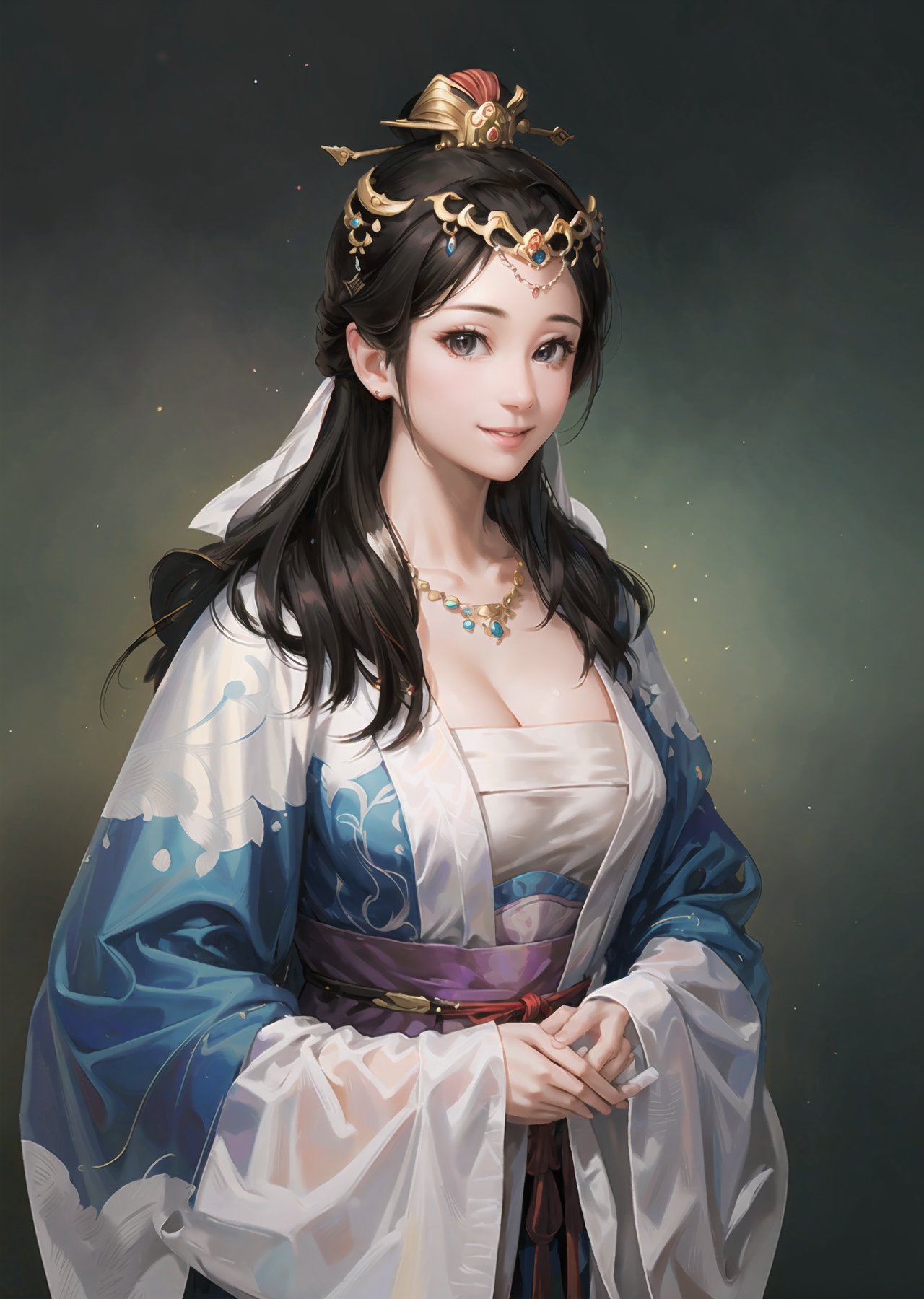 <lora:SGZ:1>,SGZ2,1girl,solo,jewelry,black hair,necklace,chinese clothes,long hair,wide sleeves,dress,hanfu,brown eyes,smile,hair ornament,long sleeves,own hands together,breasts,looking at viewer,upper body,realistic,tiara,cleavage,