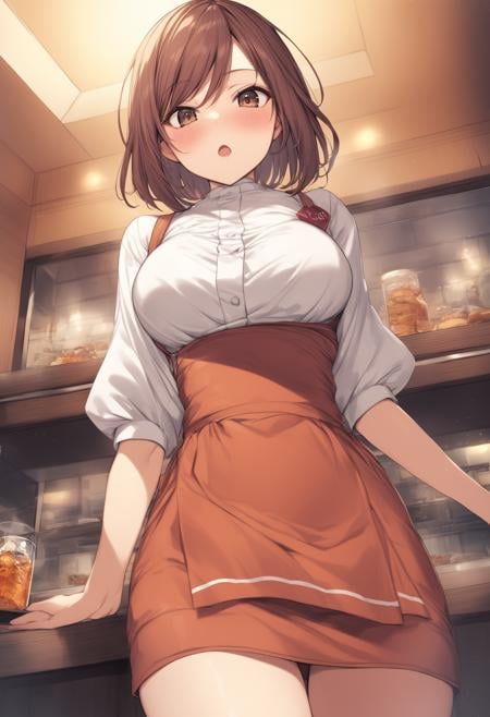 1girl, <lora:sdxl2-flat2-512b:-1>,medium breasts,solo,<lora:annamillerXLv2:0.8>,anna miller ,waitress,name tag,high-waist skirt,suspender skirt, apron,from below, panorama shot, looking at viewer, expressionless,  open mouth,restaurant,best quality,medium quality,