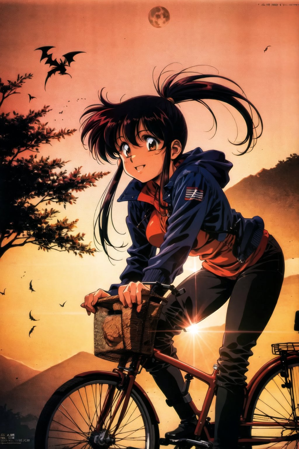 urushihara satoshi, 1990s \(style\), 1girl, autumn, bare tree, basket, bat, bicycle, bicycle basket, bird, blue hair, brown eyes, dated, dragonfly, dusk, evening, full moon, ground vehicle, jacket, long hair, moon, mountain, orange background, orange sky, outdoors, ponytail, power lines, red sky, retro artstyle, riding, silhouette, smile, solo, sun, sunset, tree, twilight, utility pole, wheat, yellow sky <lora:Uruv1:0.6>