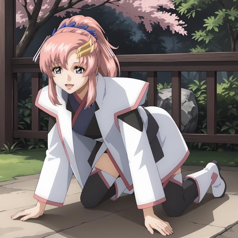 <lora:LacusClyneXLpony002>,smile,looking at viewer,open mouth,solo,LacusClyne,1girl,pink hair,ponytail,blue eyes,hair ornament,white coat,kimono,long_sleeves,mini skirt,thighhighs,ankle_boots,outdoors,nature,full body,all fours,