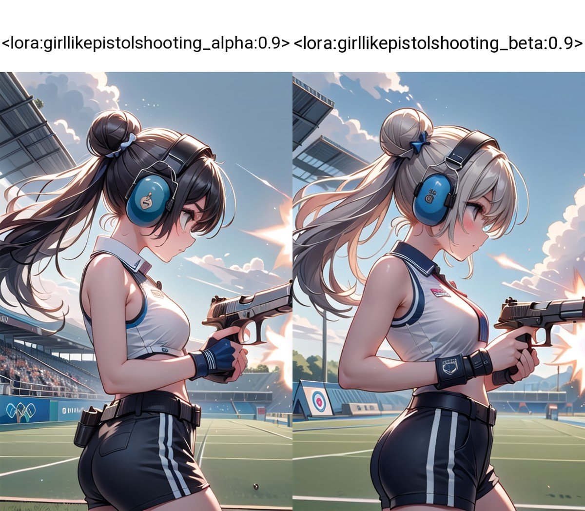 (((masterpiece))), (((best quality))), ((pistol shooting)), (one hand holding air handgun), muzzle flash, aiming at target, firing, player uniform, sleeveless, sports shorts, ear defenders, fingerless gloves, open-air range, olympic games venue, sky, wind, steam, sweat, shadow, 1girl, dark lenses, ribbon, white, double bun, big tits, from side, stnading, facing viewer, <lora:girllikepistolshooting_alpha:0.9>