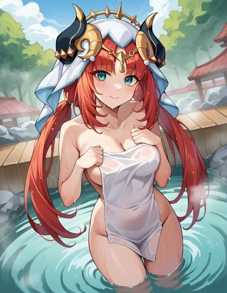 score_9, score_8_up, score_7_up, source_anime,genshinnilou, <lora:genshin-nilou-ponyxl-lora-nochekaiser:1>nilou, red hair, twintails, blue eyes, long hair, smile,nude, naked, outdoors, onsen, towel, naked towel, steam, bathing, nude cover, partially submerged, water, bath, steam censor, wet towel,looking at viewer, dutch angle, cowboy shot, 