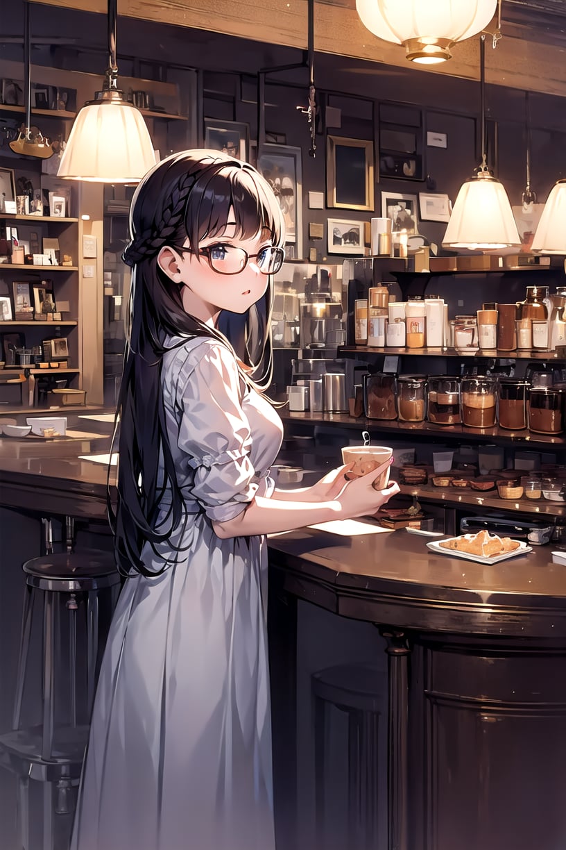 masterpiece, best quality, 1girl, cafe, long hair, glasses, indoors, dress, bored, braid, 