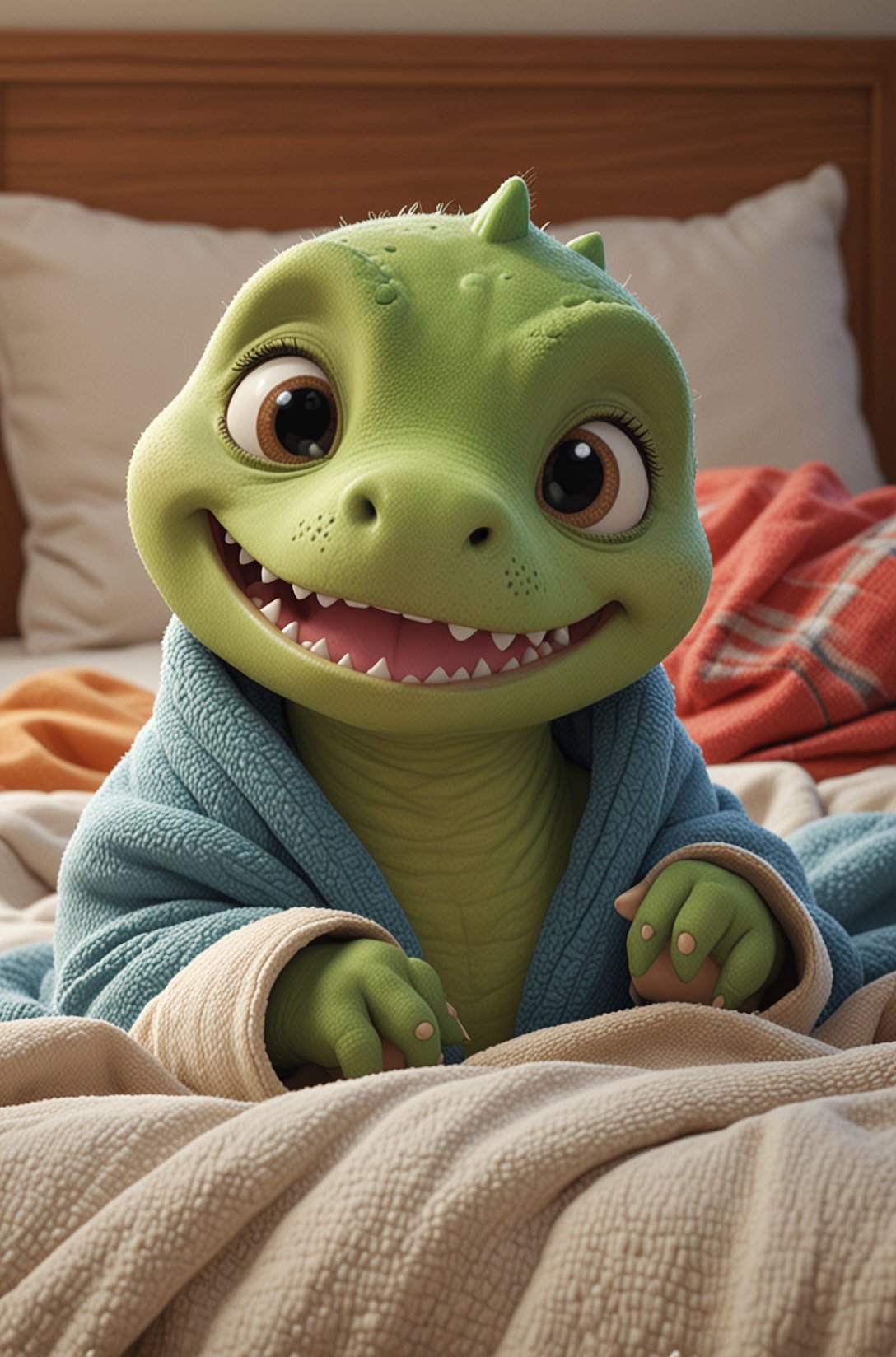 Cute cartoon style of a adorable little colourful Baby Dinosaur, snuggled, curled up, smiling, sleeping with a little blanket, tiny bedroom, on a bed under the blanket, ethereal, soft, detailed, beautiful, cosy, cute, Pixar, snoozing, 3D render, UHD