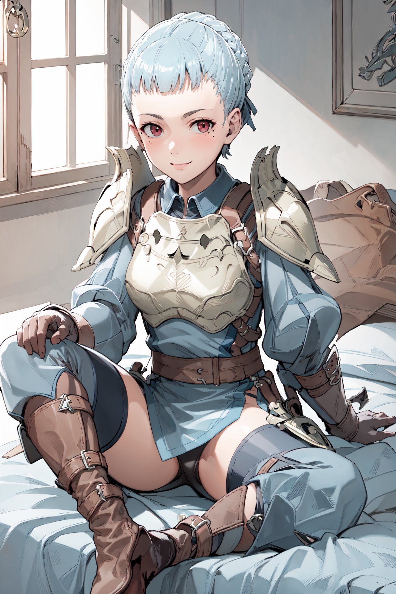 spread legs, sitting on bed,blush,black panties, <lora:philaV2:0.9>,phila,light smile,blunt bangs,,forehead,armor, shoulder armor,  looking at viewer, breastplate, brown footwear, puffy long sleeves, , pelvic curtain, knee boots, brown gloves, pauldrons,fingerless gloves, blue short dress, blue pants, juliet sleeves,  thighs, brown belt,zettai ryouiki, blue thighhighs,mole under eye, indoors,(masterpiece, best quality, ultra-detailed, best shadow)