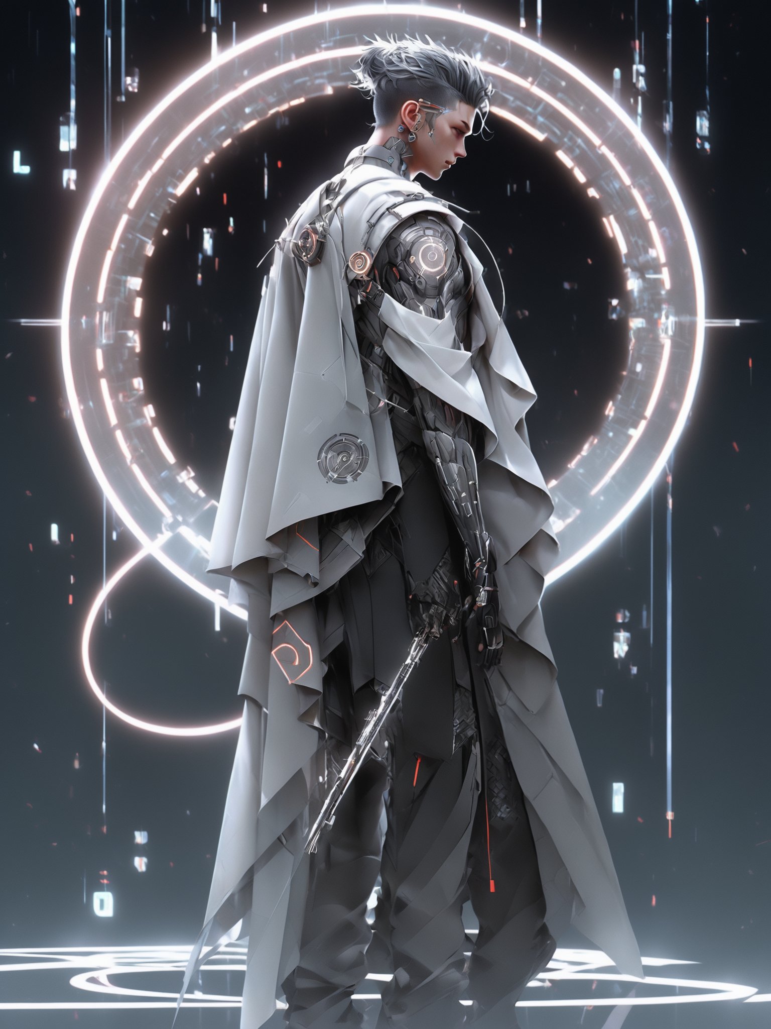 a character, possibly male,standing,full body,full view, with a futuristic or cyberpunk aesthetic. He has a sleek, silver-grey outfit with intricate details, including a chest plate with a circular design and a long, flowing cloak. The character's hair is styled in a bun, and he has a piercing on his left ear. He is holding a long, slender weapon in his right hand, and there are various digital elements, such as floating icons and a glowing circle, in the background<lora:Suotai-000006:1>