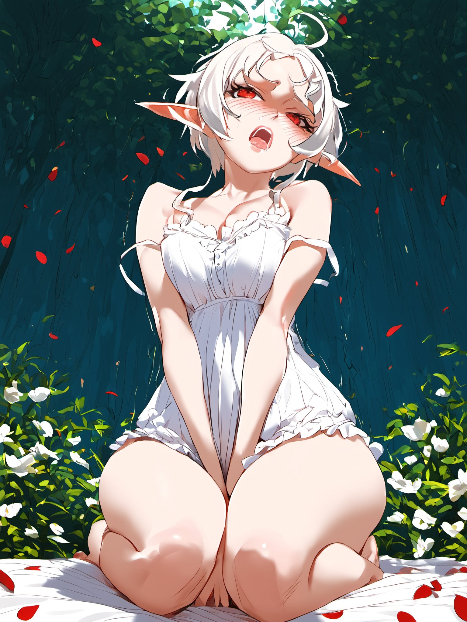 score 9,score 8 up,score 7 up,score 6 up,score 5 up,score 4 up,source anime,eihplyspnxl,sylphiette \(mushoku tensei\),1girl,pointy ears,solo,elf,sitting,short hair,small breasts,strap slip,white flower,parted lips,white camisole,seiza,bare shoulders,petals,blush,bottomless,full body,from below,gesugao,disgust,ojou-sama pose,slightly open mouth,mixed artstyle,<lora:Mixed_Artstyle:1>,<lora:gesugao_v1_unpruned:0.5>,<lora:sylphiette:1>,<lora:ojousamaXLv1:1>,