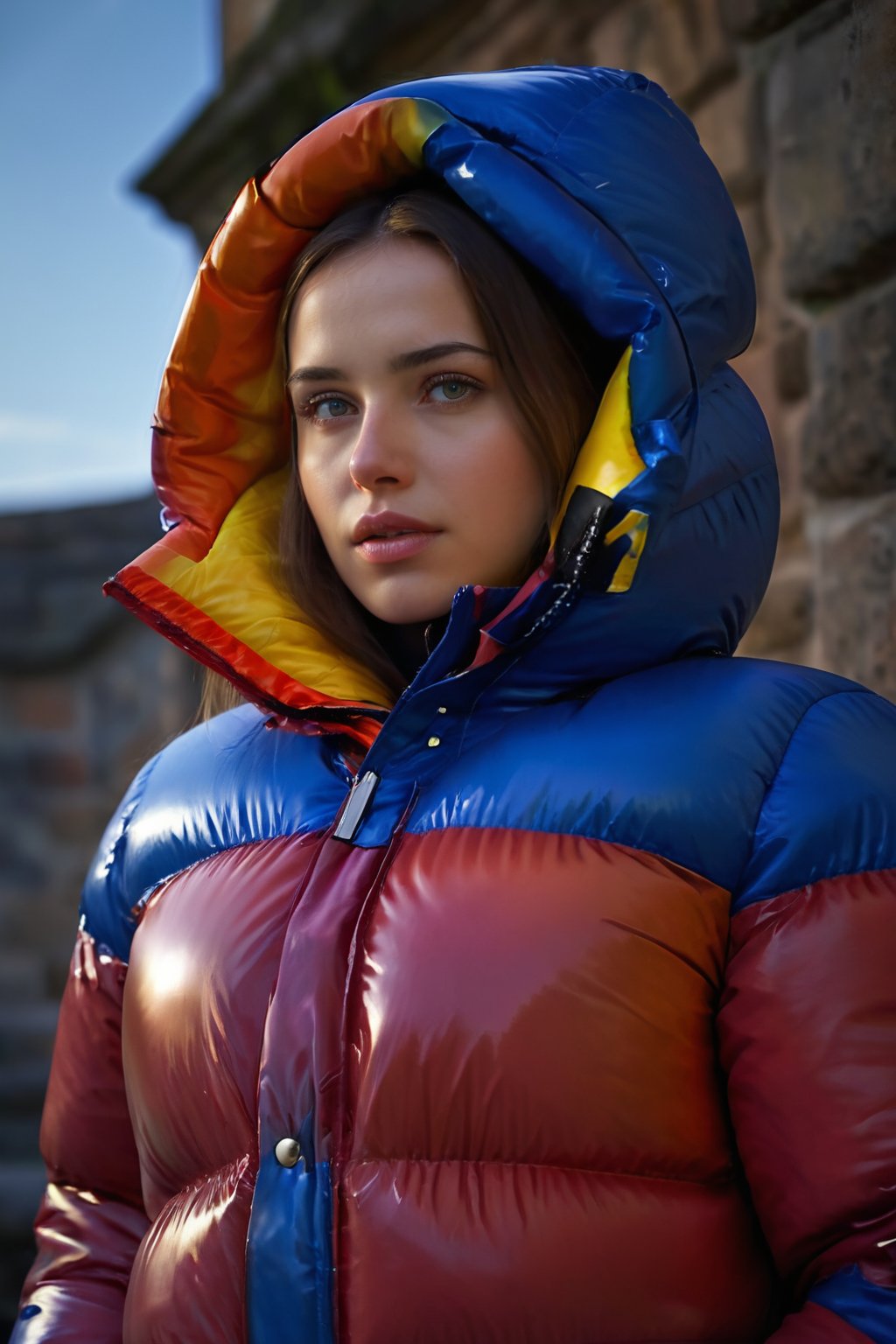 Stunning portrait of a sweet, cute, slim, long haired, young European woman. she is dressed in (shiny), colorful, completely enclosureable, (puffer down outfit:1.3) by parkasite, very high yoked. emotional, tempting, dramatic, high detail, realistic, realistic character design, inspiring, intense emotion, masterpiece, 8k, RAW photo, portrait, best quality, ultra high res, photorealistic, cinematic lightning, digital painting, storytelling, high resolution, depth of field, lens flare, <lora:Parkasite_XL:0.7>