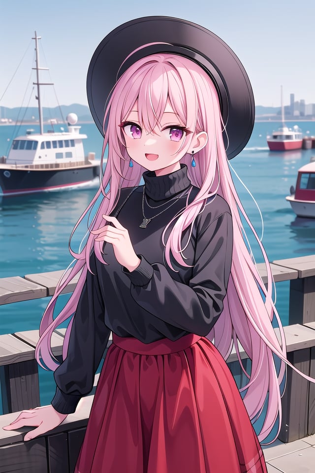 insanely detailed, absurdres, ultra-highres, ultra-detailed, best quality,1girl, solo, nice hands, perfect handsBREAK(nsfw:-1.5),(black theme:1.4), (fit body:1.3), (tight long sleeve and turtleneck (black sweater):1.4), (black heeled boots with lace-up:1.1),BREAK(black and red theme:1.3), ((red) high-waisted ((maxi length skirt, very long A line skirt):1.2) with [plaid pattern]:1.4), ((black) bucket hat with wide brim:1.4),BREAK((earrings, necklace):1.2),(naked skin:-1), (mini skirt:-1), (legs:-1), (straw hat:-1), (red hat:-1), (green hat:-1), (white sweater:-1), (slit:-1), (belt:-1), (multiple necklaces:-1), (navel:-1), (waist:-1), (cleavage:-1.5)BREAKhappy smile, laugh, open mouth,,cute pose, cowboy shot, looking at viewerBREAKslender, kawaii, perfect symmetrical face, ultra cute girl, ultra cute face, ultra detailed eyes, ultra detailed hair, ultra cute, ultra beautifulBREAK(bay, sea, harbor, bay side:1.4), (cityscape in tokyo:1.3), buildings, day, blue sky, panorama view, outdoor, (indoors:-1.3), (day:1.3), (evening:-1.5), (night:-1.5), depth of field, ultra detailed background, (very wide, panorama view, sense of depth, magnificent view:1.3)BREAKmedium breastsBREAKpink hair, pink eyes, crochet braids, hair between eyes