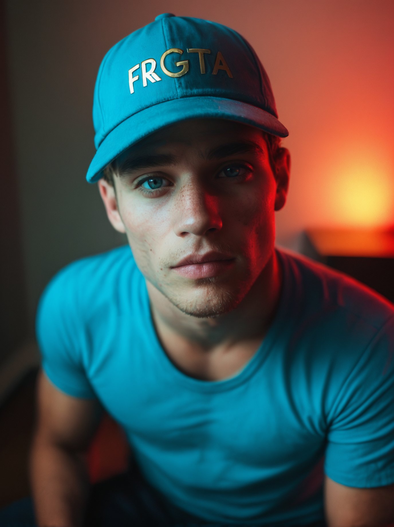 realistic, solo, 1boy, hot frat bro, POV, looking at viewer, cap, intimate lighting,