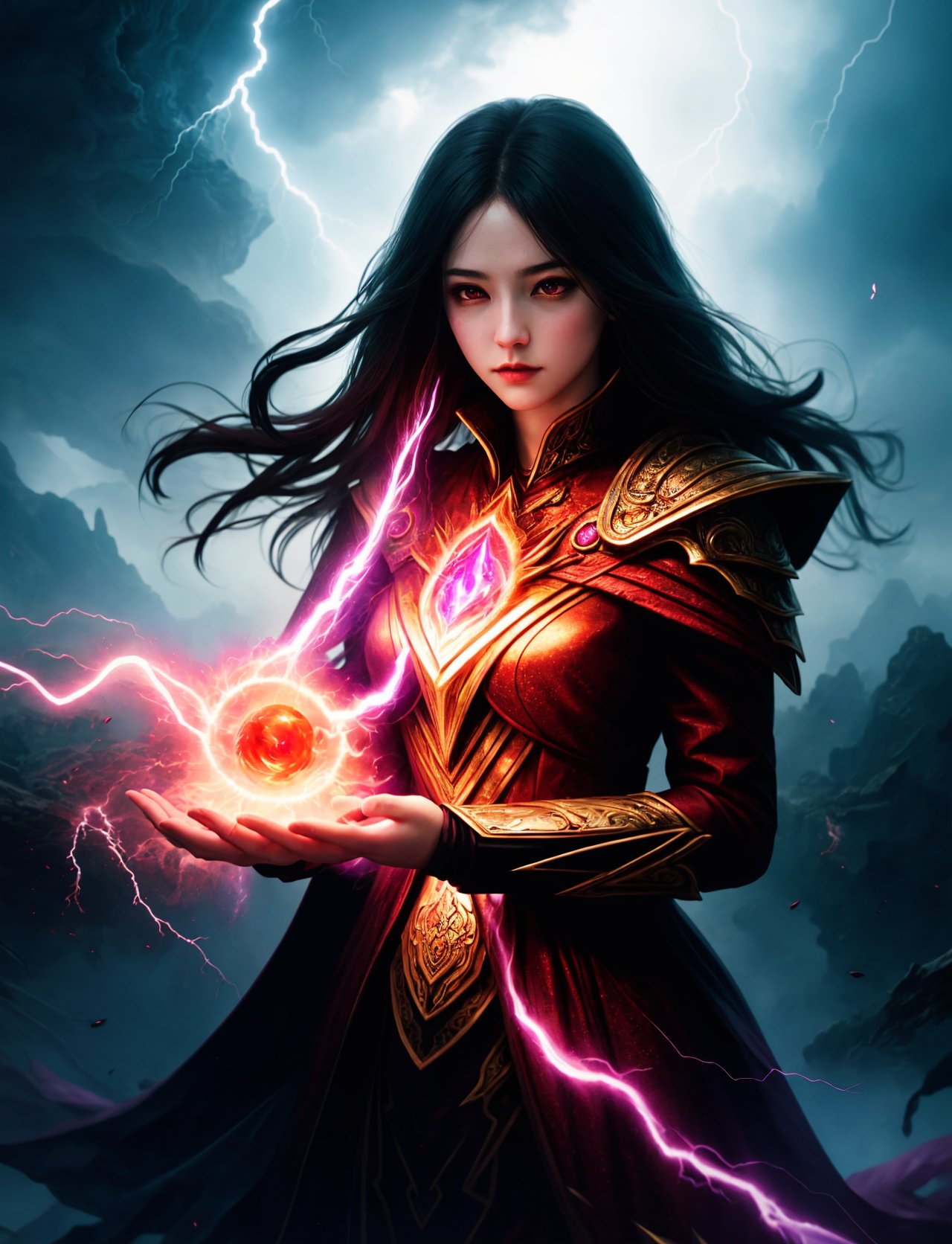hyper detailed masterpiece, dynamic realistic digital art, awesome quality, person, female blood mage  Charming curse shaped like Amorphous of lustrous tempest lightning and scrying, DonMM4g1c  <lora:DonMM4g1c-v1.2rb2:0.8>