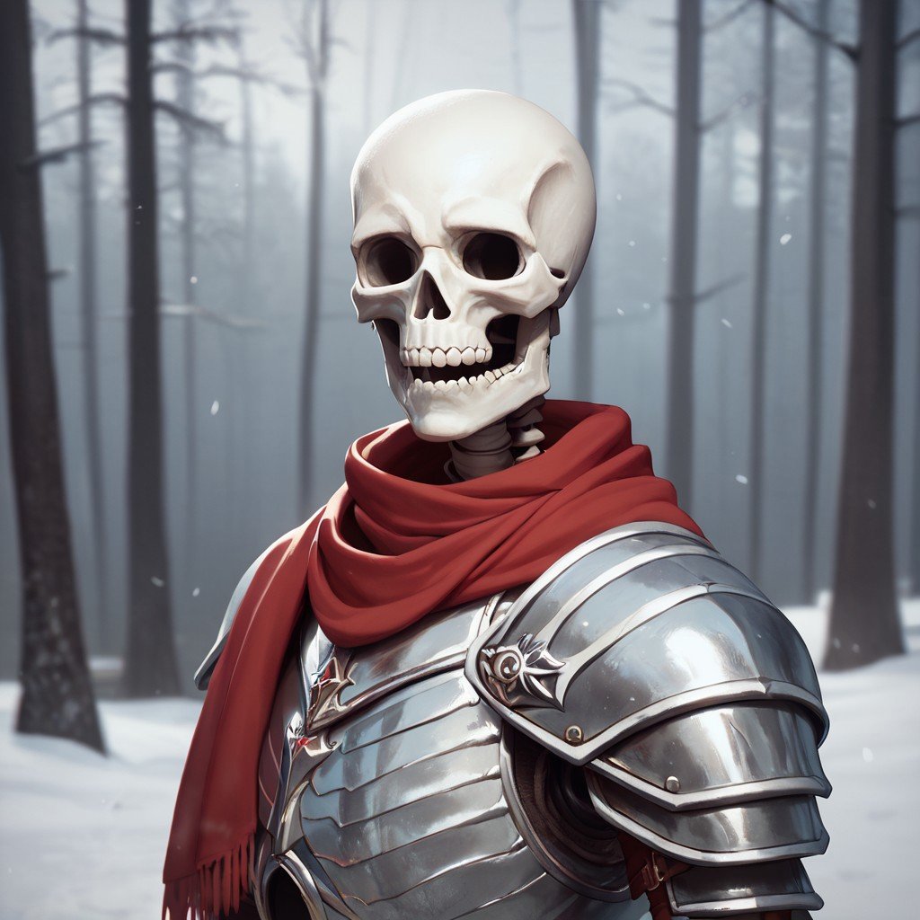 (((detailed, beautiful, high quality))), upper Body, score_9, score_8_up, score_7_up,1other, skeleton, empty eyes, white armor, red scarf, red gloves,looking at the viewer, posing, snowy forest, blurred background, blurred fantasy background,