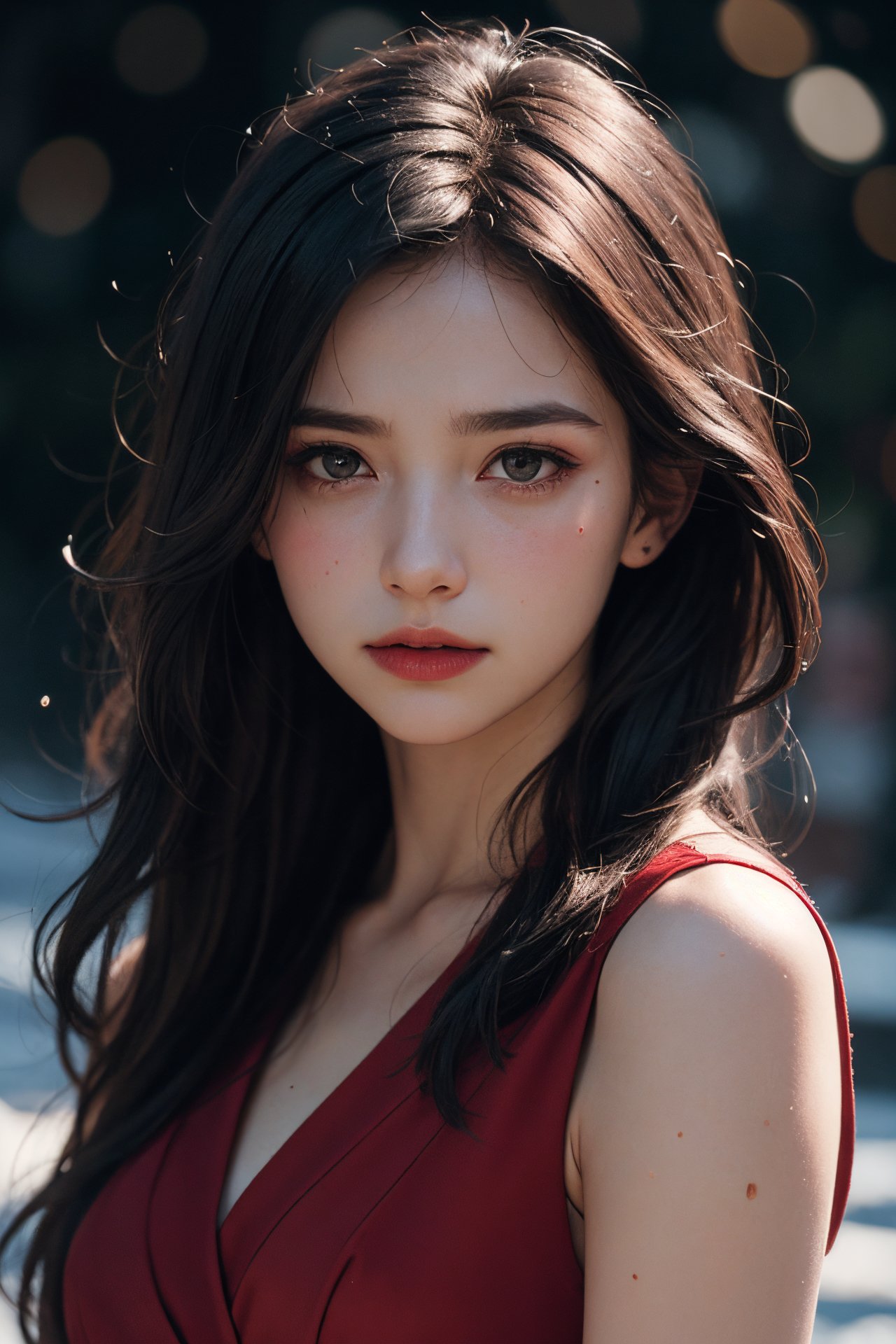 photorealistic of a girl, rose background,flora,snowing,bokeh,beautifully lit,low contrast,sharp and in focus,(art by Chris Friel:1.2),night,sad,melancholy ,messy long hair,wind,red silk dress,see-through,tullece,crying,tears,(incredible detail of the skin:1.2),pale skin,haggard.BREAK, 35mm photograph, professional, 8k, highly detailed