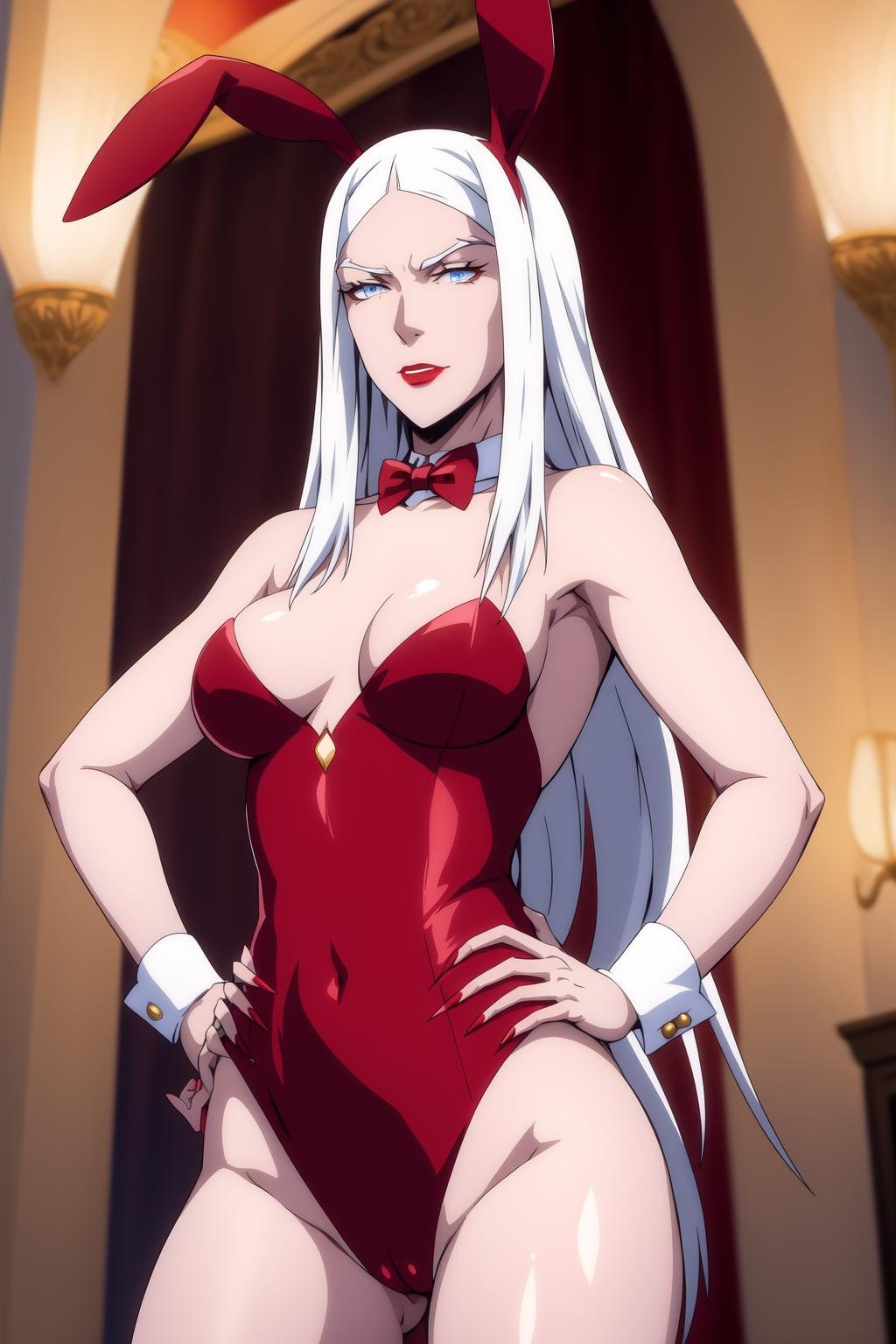 carmilla <lora:carmilla_castlevania:0.8>, medium breasts, playboy bunny, rabbit ears, red bowtie, wrist cuffs, red leotard, white hair, beautiful face, blue eyes, closed mouth, red lipstick, (masterpiece:1.2), best quality, absurdres, highres, extremely detailed wallpaper, perfect lighting, cowboy shot, hand on hip,