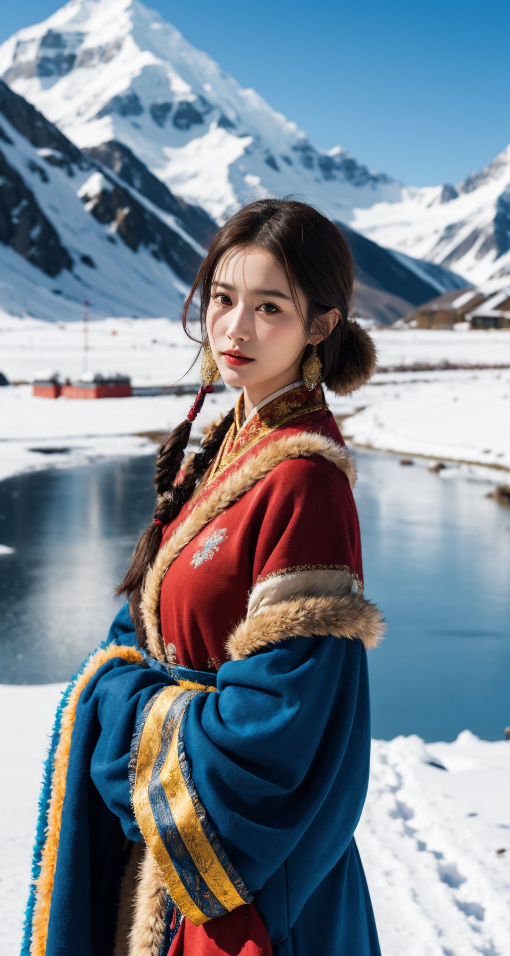 solo,1girl,(fur trim:1.2),look at the viewer,(traditional clothes:1.2),outdoors,sky,brown hair,cloud,long sleeves,blurry,fur clothes,blurry background,(wide sleeves:1.2),tibetan,red and blue clothes,portrait,bust,national costume,tibetan clothing,snow mountain,<lora:LH_ZF:0.5>,