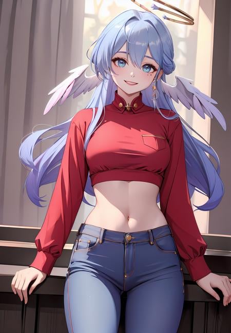 ((masterpiece,best quality)), 1girl, robin, head wings, halo, crop top, long sleeves, navel, denim, standing, hand in pockets, smile,