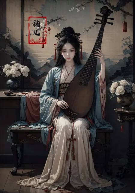 (masterpiece,best quality,realistic),hanfu,chinese_clothes,long_sleeves,1girl,solo,black_hair,hair_ornament,chinese painting mural,sitting,low wooden table,ancient china,pipa,playing pipa,pipa \(instrument\),lute， <lora:lute_20231115030944:0.8>