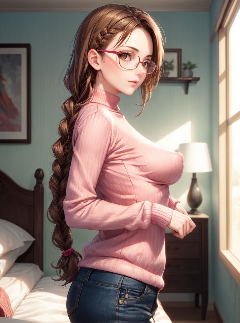 8k, masterpiece, highly detailed, high quality,1girl with swooping breasts <lora:swooping_breasts-SD-1.0:0.8>brown hair, braid, from side, looking at viewer,bright pink sweater, bralines, tight clothes, dutch angle, head tilt, mature woman, glasses, bedroom, medium breasts