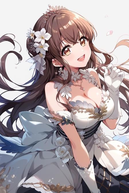 score_9, score_8_up, score_7_up, score_6_up, 1girl, <lora:Amano_Airi:0.9> amano, gloves, solo, brown hair, hair ornament, long hair, open mouth, white gloves, flower, dress, smile, tiara, hair flower, breasts, cleavage, fletter