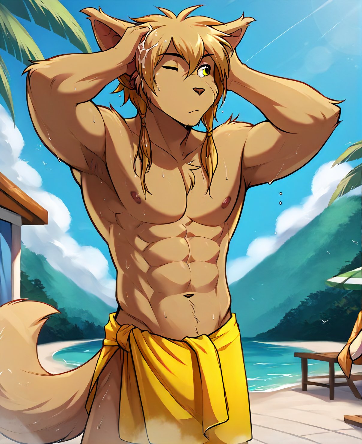 score_9, score_8_up, score_7_up, score_6_up,source_furry,rating_explicit, solo, solo focus, male, muscular, wet fur, wet hair, walking out of shower, towel around waist, (hands in hair:1.3), eyes closed, fluffy tail, beach hut, tropical, palm tree, <lora:Madelyn_TwoKinds_PDXL_epoch_5:1>, tkmadelyn, basitin, yellow eyes