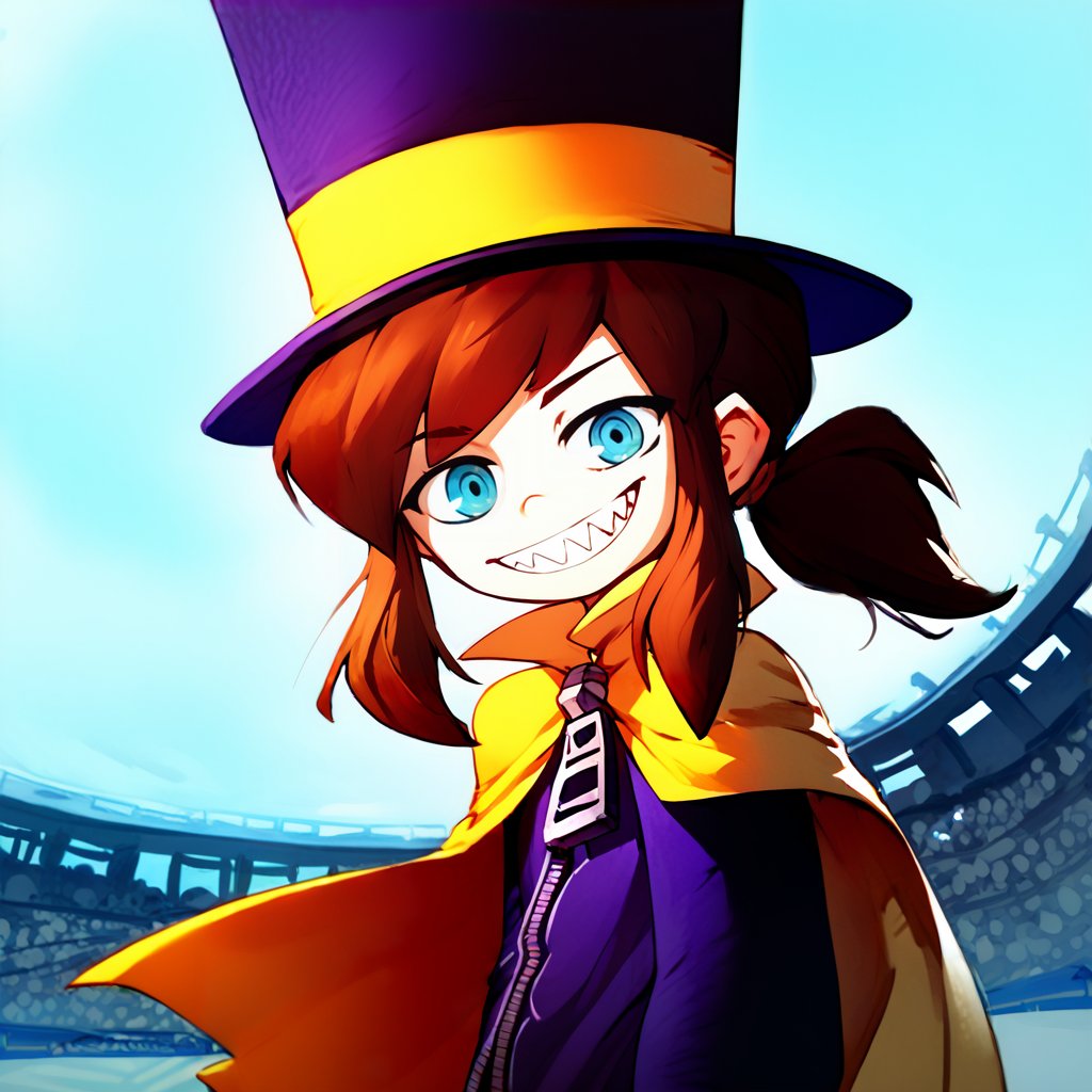 <lora:Chronozbergh:1>,greyscale,monochrome,1girl,solo,<lora:hatkidspecial:1>,hat-kid,brown hair,sidelocks,ponytail,blue eyes,purple top hat,purple dress,zipper pull tab,yellow cape,white pants,cowboy shot,looking at viewer,evil smile,sharp teeth,holding sword on shoulders,pointing at viewer,colosseum,cloudy sky,, score_9, score_8_up, score_7_up, perfect anatomy, source_anime, zPDXL2,