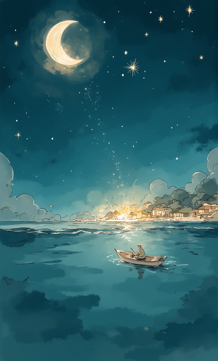 a man in a boat floating in the ocean, Night, Sparkling on the sea xbeautiful, fantasy scene, top view