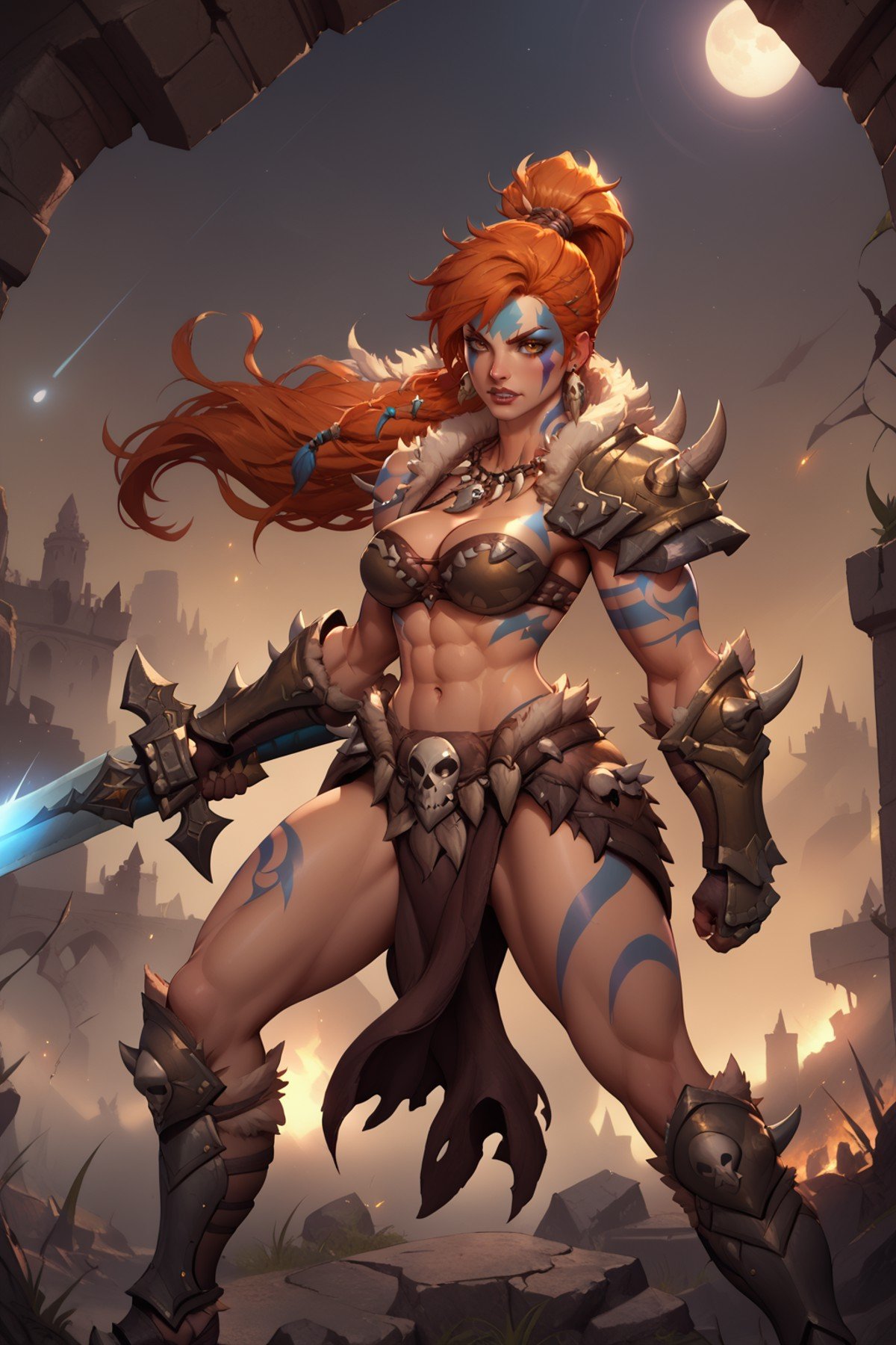 score_9, score_8_up, score_7_up, masterpiece, high quality, zPDXL<lora:D4BarbPony:0.8> 1girl, long hair, tattoo, armor, earrings, shoulder armor, pauldrons, ponytail, muscular, abs, midriff, bikini armor, tribal, necklace, facepaint, cleavage, spikes, toned, gloves, gauntlets, loincloth, skull, fur trim, facial tattoo, greaves, vembraces, holding huge 2hand sword, dynamic fighting stancestanding in a dark ruins at night, torche lights, buring buildings