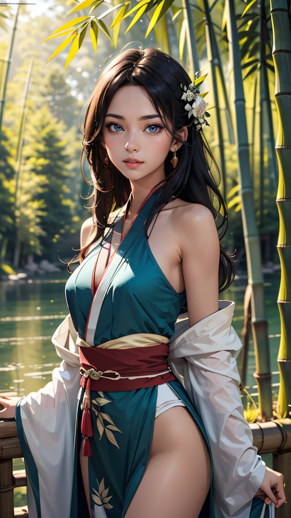 masterpiece, best quality, 1 girl, (ultra-detailed body), Azure hair, long hair, detailed eyes, forest, bare shoulders, hanfu, lakes, pure, soft (light smile:0.3), bamboo, official art, 8k wallpaper, highly detailed,