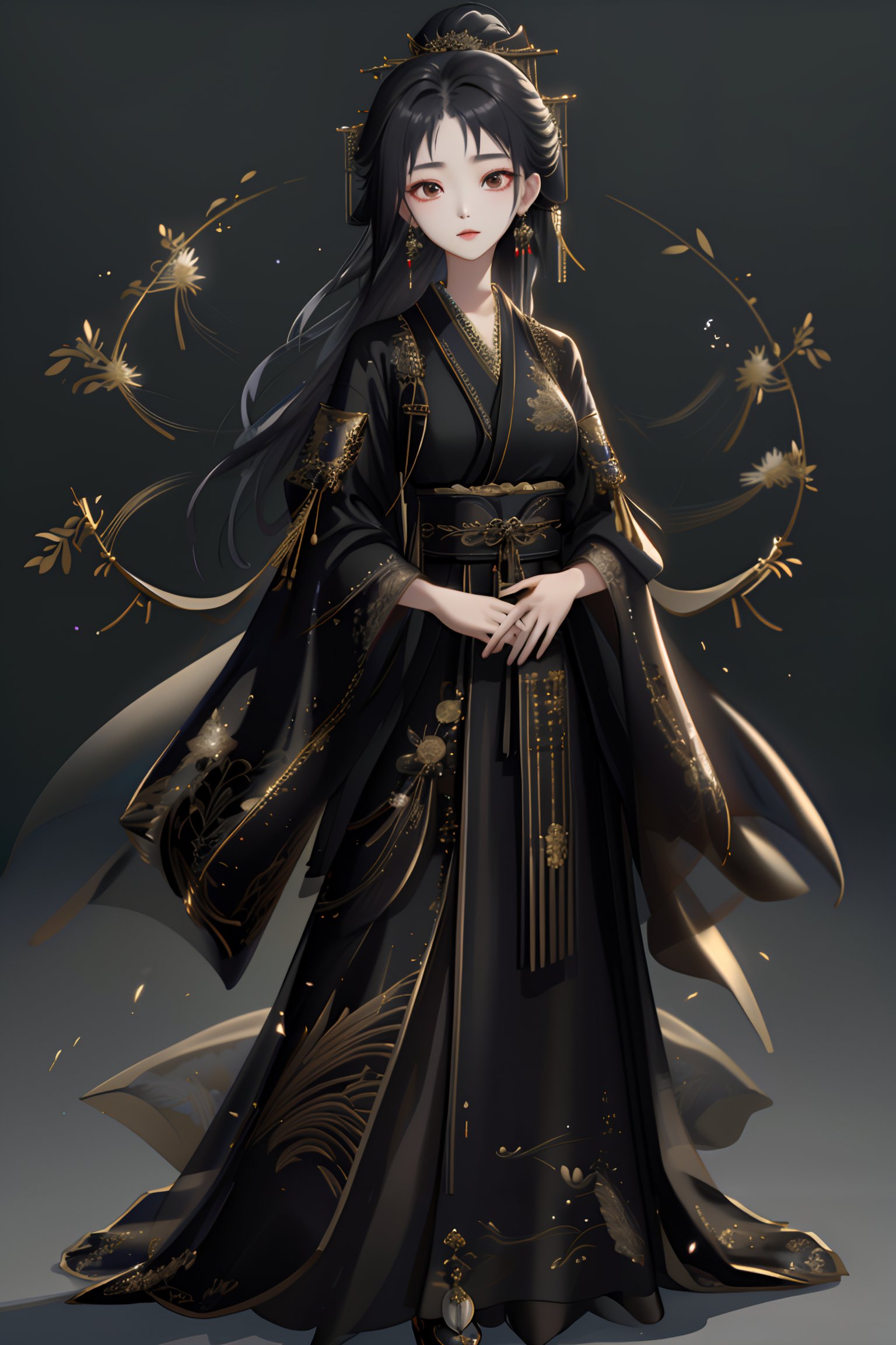 Highest quality,(full body photo: 1.3),Beautiful young woman wearing black hanfu,Translucent,silky,noble temperament,intricate gold embroidery on the clothes,dark background