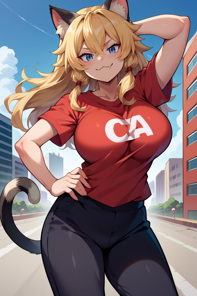 score_9, score_8_up, score_7_up, score_6_up, source_anime BREAK 1girl, solo <lora:nyannyan-pdxl-nvwls-v1-000005:1> nyannyan, blonde hair, blue eyes, cat ears, large breasts, red t-shirt, black track pants, standing, hand on hip, looking at you, smug, city, blue sky