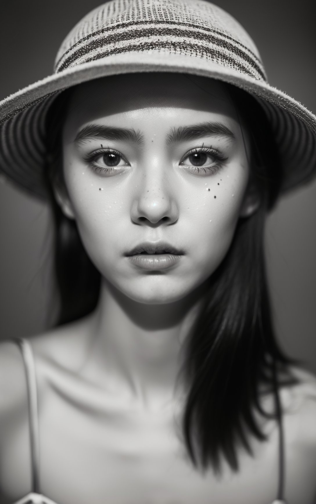 a girl a hat on his head looking at the camera with a serious look on his face,Candido Bido,portrait photography,a black and white photo,art photography,realistic,best quality,masterpiece,clear hair,clear pores,clear skin,