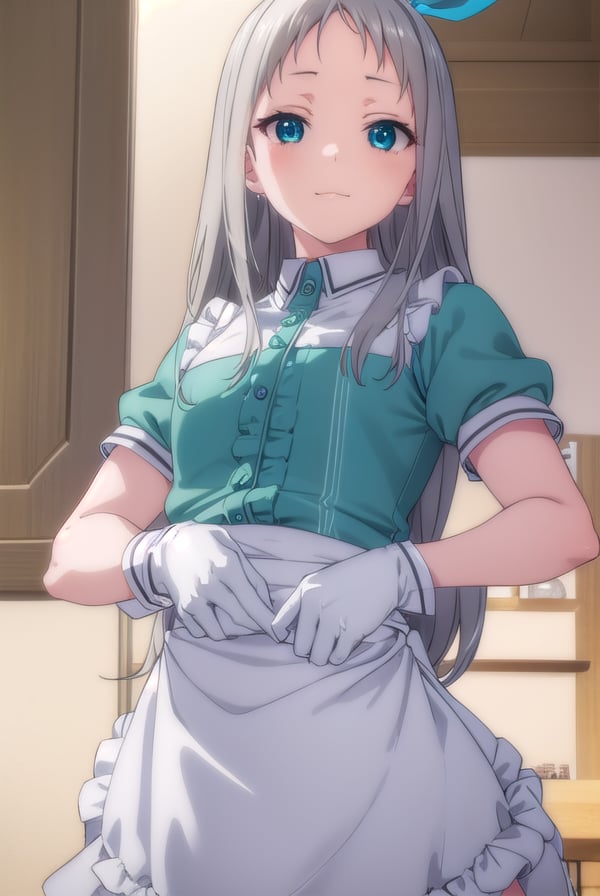 hiderikanzaki, <lora:hideri kanzaki s1-lora-nochekaiser:1>,hideri kanzaki, long hair, bow, (green eyes:1.3), hair bow, grey hair, male focus, hairband, black hairband, otoko no ko, (forehead:1.2), smile,BREAK gloves, dress, short sleeves, frills, puffy sleeves, white gloves, apron, puffy short sleeves, waist apron, white apron, frilled apron, waitress,BREAK indoors, restaurant,BREAK looking at viewer, (cowboy shot:1.5),BREAK <lyco:GoodHands-beta2:1>, (masterpiece:1.2), best quality, high resolution, unity 8k wallpaper, (illustration:0.8), (beautiful detailed eyes:1.6), extremely detailed face, perfect lighting, extremely detailed CG, (perfect hands, perfect anatomy),