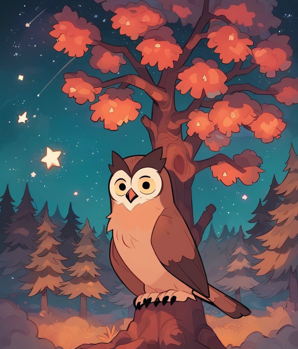 cute owl in a tree late at night, the milkyway, shooting stars, pine treesscore_8_up <lora:last-000005:.61>