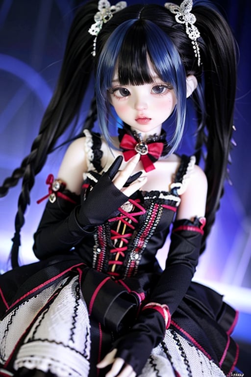 1girl, solo, long hair, looking at viewer, bangs, black hair, gloves, dress, twintails, braid, multicolored hair, black eyes, fishnets, lolita fashion, joints, doll joints, EpicDoll, doll<lora:EpicDoll:0.8>