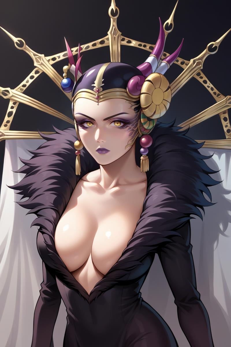 score_9, score_8_up, score_7_up, score_6_up, source_anime, BREAK 1girl, solo,  <lora:ff8edea-pdxl-nvwls-v1-000006:1> ff8edea, black hair, yellow eyes, hair ornament, earrings, cape, black dress, black feather trim, plunging neckline, long sleeves, elbow gloves, makeup, lipstick, black background, abstract background, looking at you, stare, big breasts