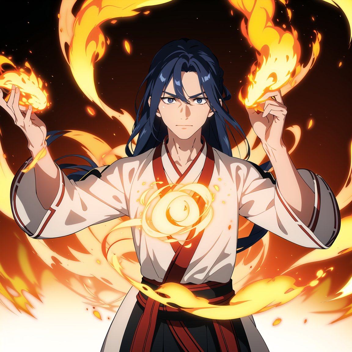 1boy,dynamic posture wearing Hanfu,long hair,Upper body,energy fluid,glowing,Fire,flame,flame fluid,dawn,light particle effect,floating energy scroll,blue energy,best quality,masterpiece,8k,