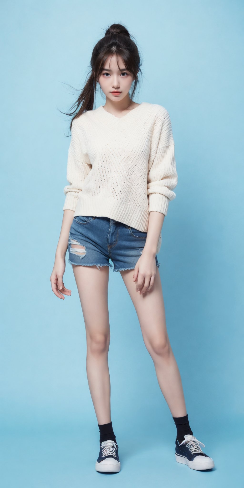 1girl,(standing:1.3),(denim_shorts:1.2),(blue background:1.3),(white sweater:1.2),white sneaker,long hair,