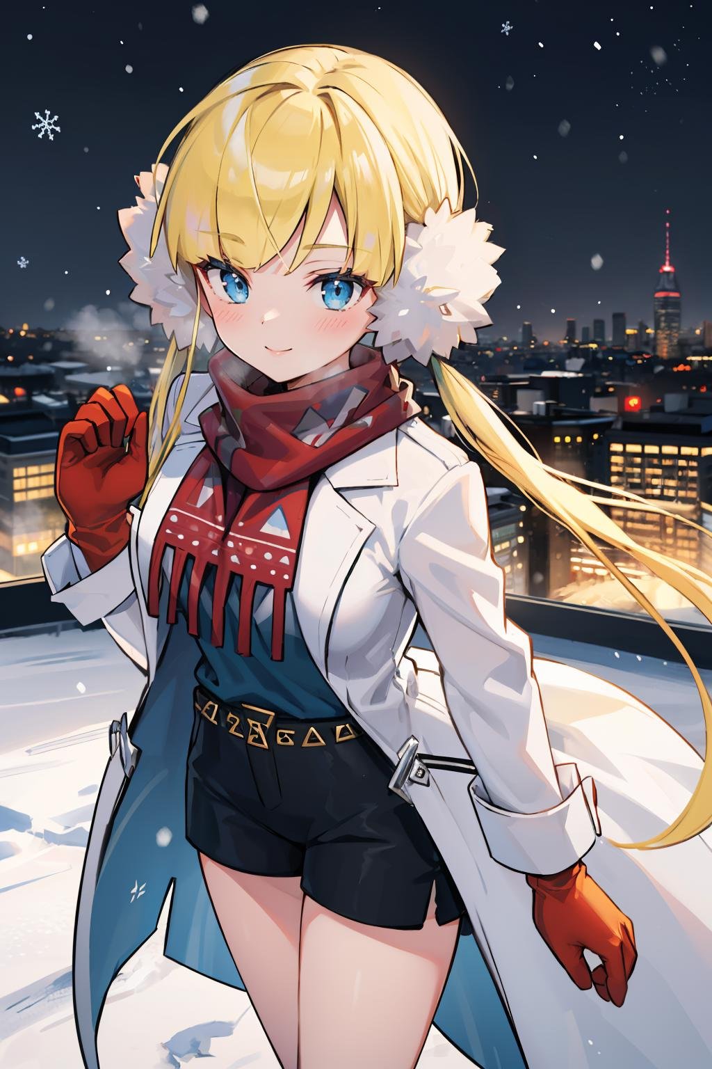 masterpiece, best quality, <lora:elesa-nvwls-v1-000010:0.9> palElesa, blonde hair, earmuffs, twintails, red scarf, white coat, blue shirt, black shorts, cowboy shot, looking at viewer, winter, cityscape, snow, from above, smile, mittens