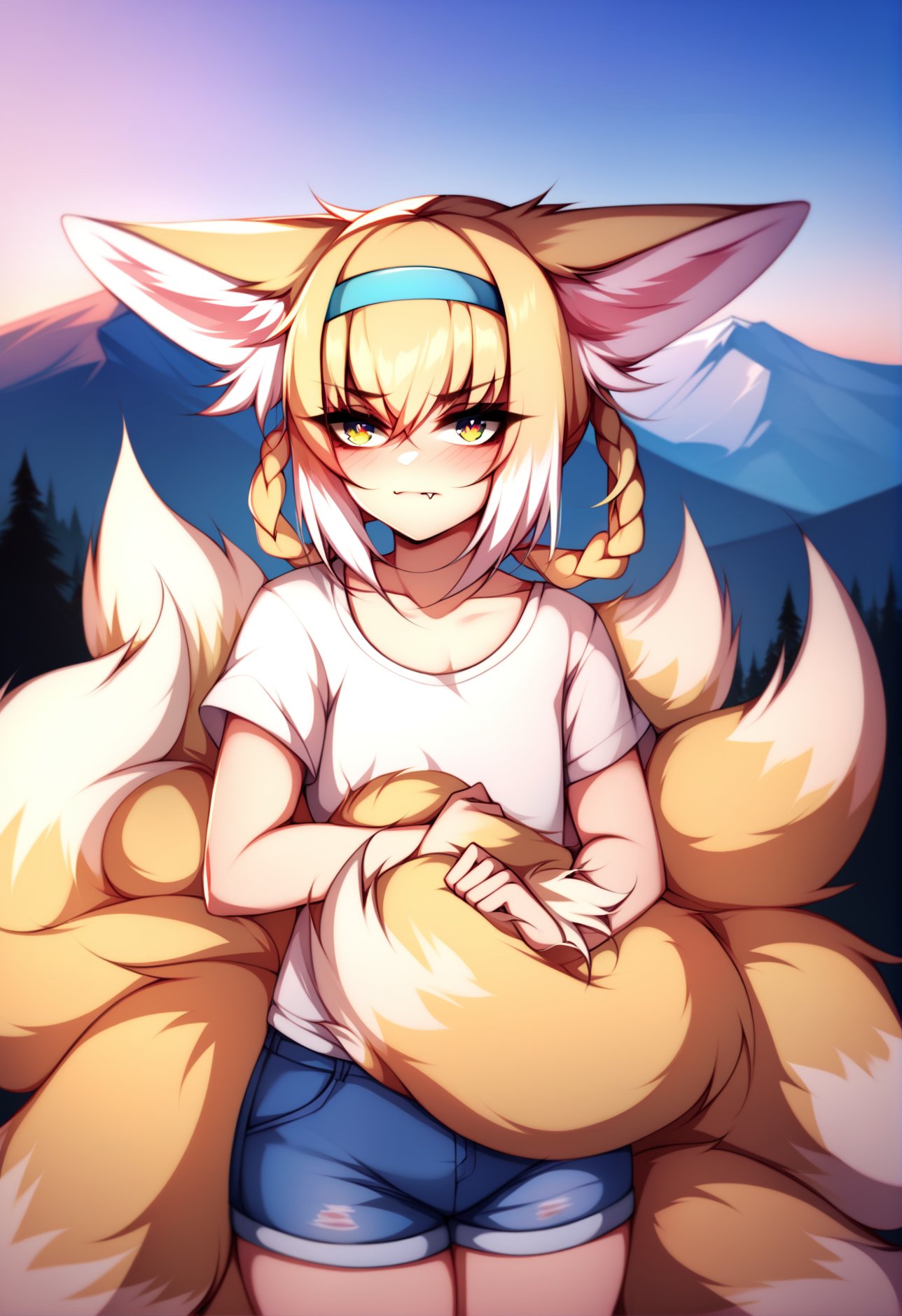 by foxykuro, best quality, masterpiece, score_9, score_8_up,1girl, suzuran \(arknights\), fox girl, fox ears, animal ear fluff, fox tail, oripathy lesion \(arknights\),  flat chest, blonde hair, hairband, kitsune, nine tails, greed eyes, denim shorts, t-shirt, posing,  fang, collarbone, holding own tail, angry,outdoors, epic scenery of sunset on mountains,