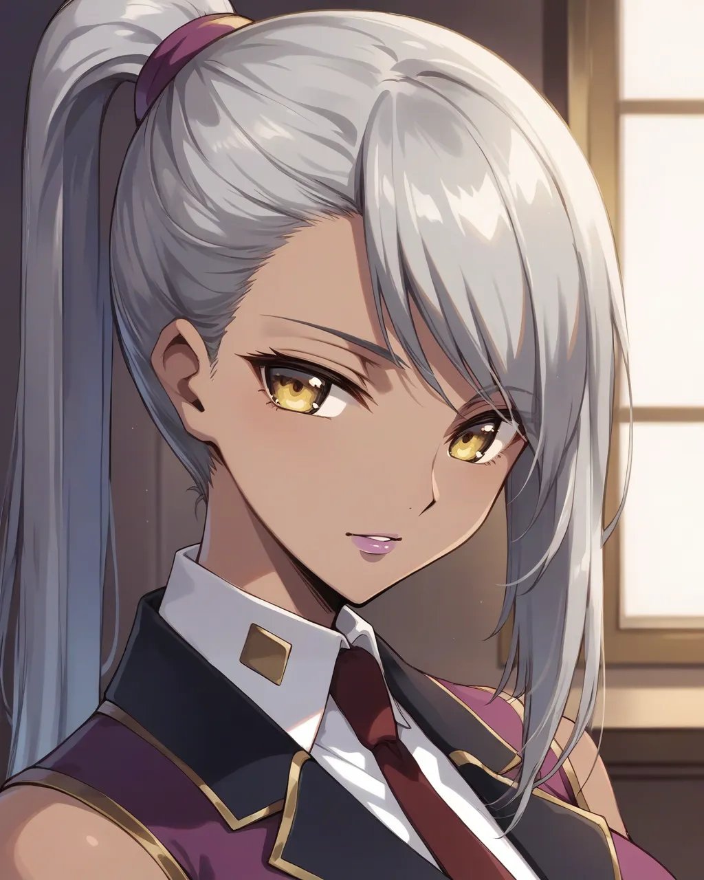 score_9,score_8_up,score_7_up,best quality, 4k, rating_safe, very aesthetic, source_anime,<lora:Villetta_Nu:0.8>,VillettaNu,dark skin,dark-skinned female,grey hair,long hair,yellow eyes,lips,necktie,purple elbow gloves,ponytail,purple uniform,black pencil skirt,black thighhighs,upper body,,