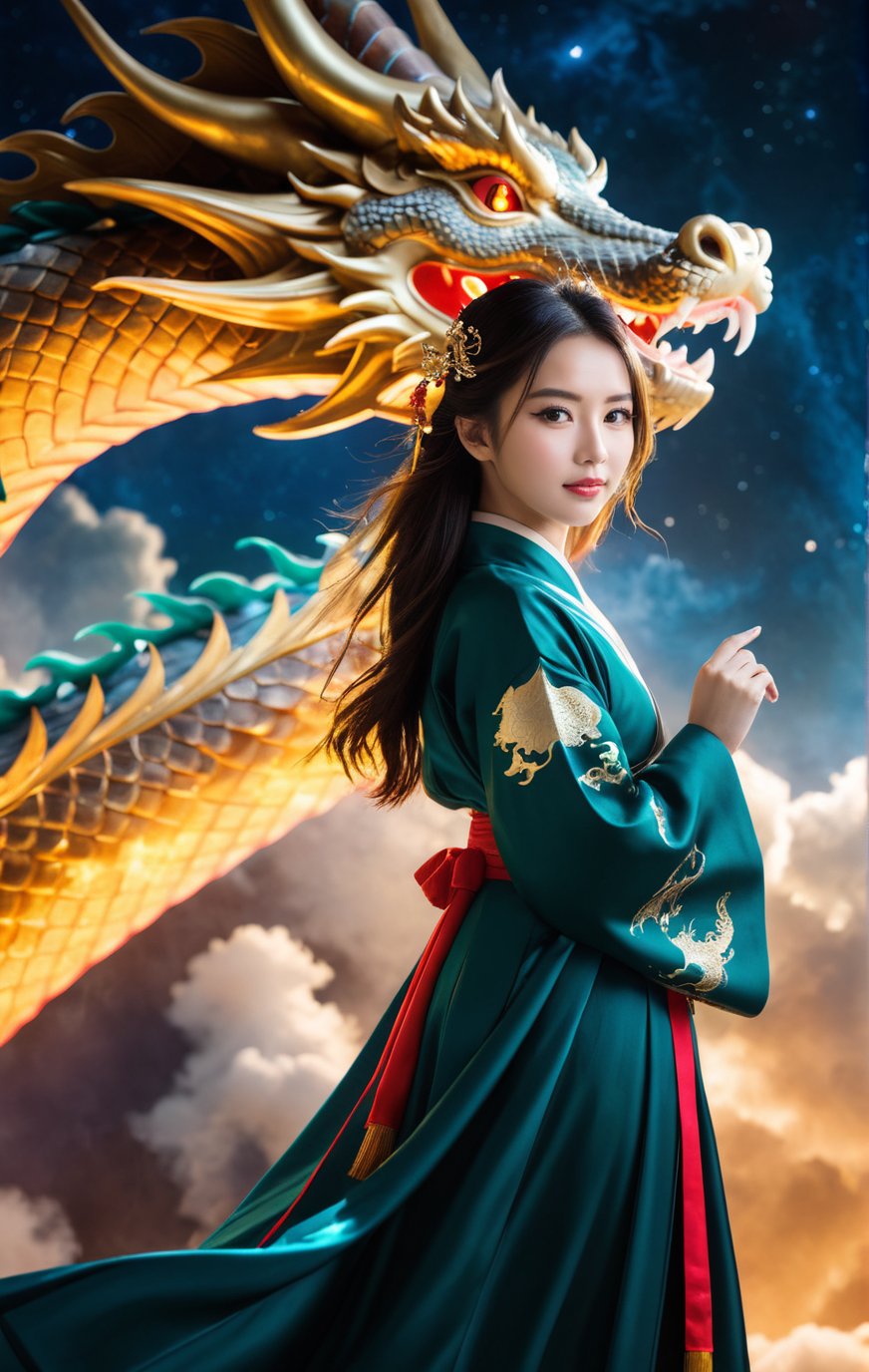 12 y.o beautiful chinese girl and monster,masterpiece,((dragon background(dynamic pose))),Chinese hanfu,best quality,(on the cloud:1.3),space background,(wide_shot:0.7),Cinematic Lighting,round face,best fingers,facing viewer,magnificent,ethereal,epic,majestic,magical,fantasy art,cover art,dreamy,elegant,cinematic,background illuminated,rich deep colors,ambient dramatic atmosphere,creative,perfect,beautiful composition,intricate,detailed,soft backlight,exaggerated dynamic posture,petite,chibi,(Fujifilm X-T4, 1/125s, f/4, ISO 800),