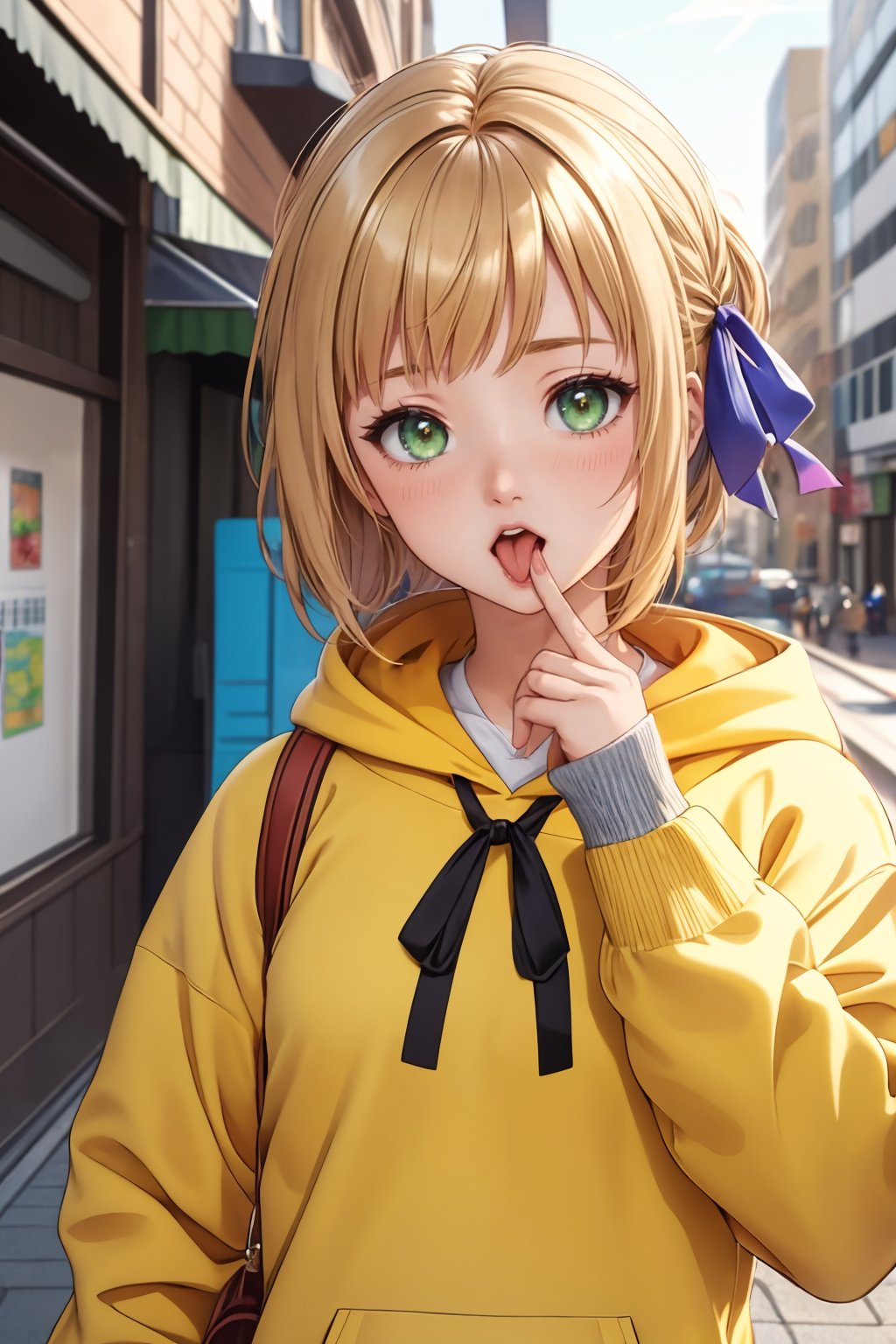 ultra detailed, sharp focus, best quality, masterpiece, colorful, <lora:NSLiechtensteinHetalia:1>  NSLiechHetalia, yellow hoodie, tongue out, rude face, hair ribbon, street background, best quality, masterpiece, intricate details