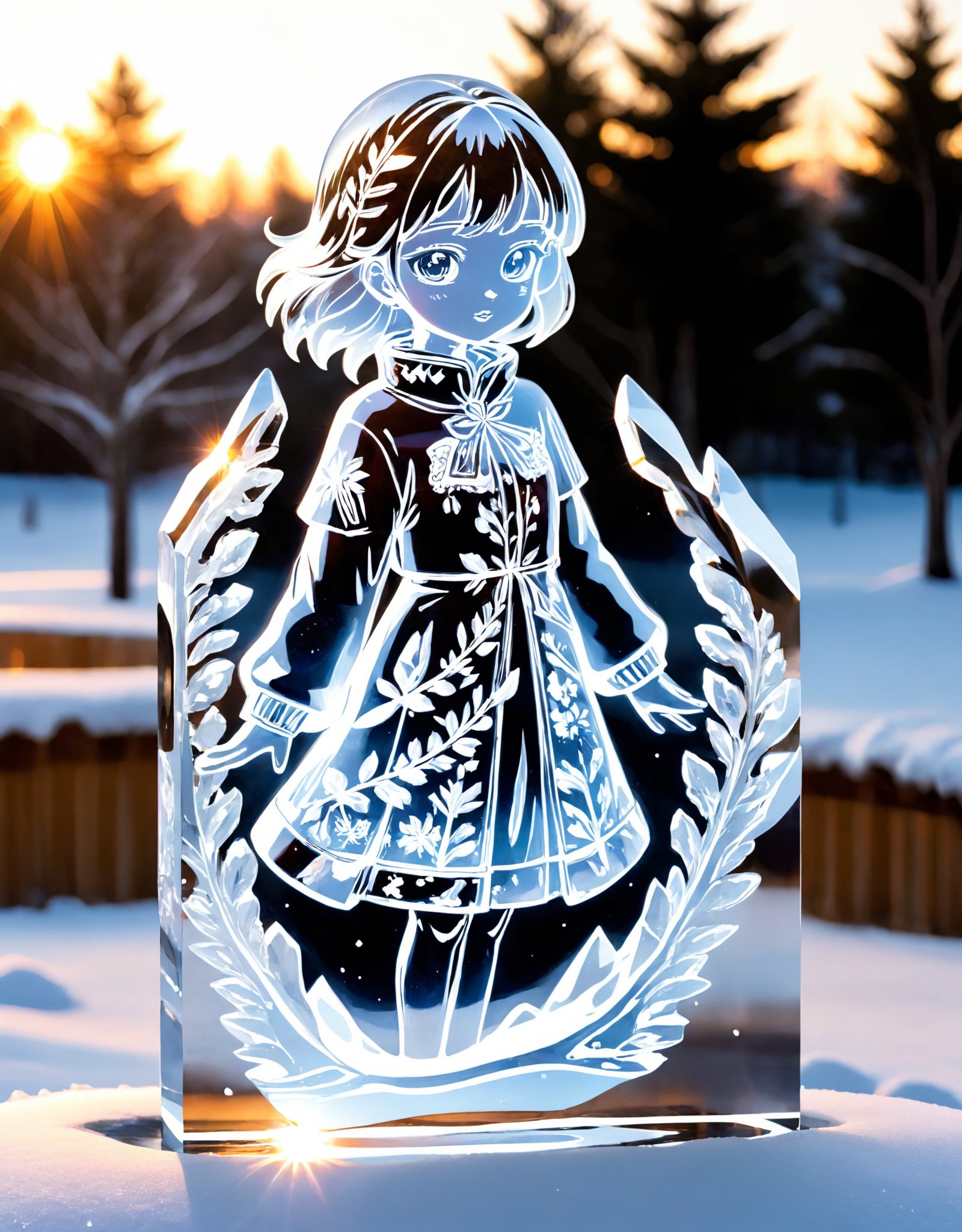 Image type of sculpture:A transparent crystal and ice sculpture depicting a girl figure dressed in a serafuku, with intricate details shining in the light, capturing the delicate beauty of the frozen art piece.,open air