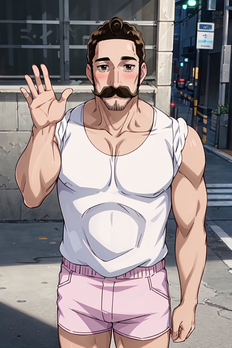 masterpiece, best quality, ultra-detailed, glistening shiny, glowing light, ray tracing, HDR, deph of field, (perfect face, detailed face), 1boy, <lora:Alaindelon:0.8>, alaindelon, mustache, facial hair, blush, muscular, white tank top, pink shorts, waving,  standing