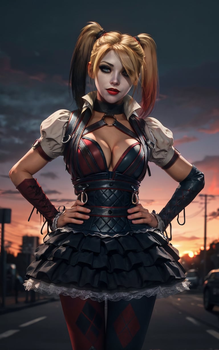 (masterpiece, best quality:1.4), insaneres, absurdres, solo, looking at viewer, BREAK GAME_ArkhamKnight_HarleyQuinn_ownwaifu, 1girl, blonde hair, twintails, breasts, makeup, multicolored hair, lipstick, large breasts, blue eyes, red lips, hair over one eye, eyeshadow, short twintails, two-tone hair, cleavage, skirt, pantyhose, choker, asymmetrical legwear, uneven legwear, gloves, mismatched legwear, puffy sleeves, detached sleeves, o-ring, frilled skirt, corset, thighhighs, frills, short sleeves, puffy short sleeves, (contrapposto, hand on hip), sunset, sidelighting, outdoors, <lora:GAME_ArkhamKnight_HarleyQuinn_ownwaifu:1> , depth of field ,