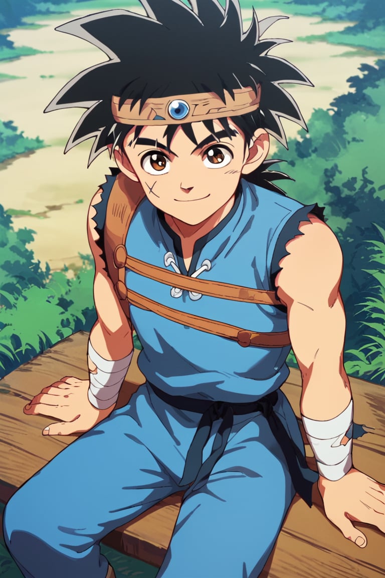 score_9,score_8_up,score_7_up,source_anime,1boy,solo,looking at viewer, Dai,black hair, brown eyes,scar, scar on face, smile, Torn clothes,sleeveless,leather, blue shirt, outdoors, grassland, sitting, headband, pants, blue pants<lora:EMS-409148-EMS:0.800000>