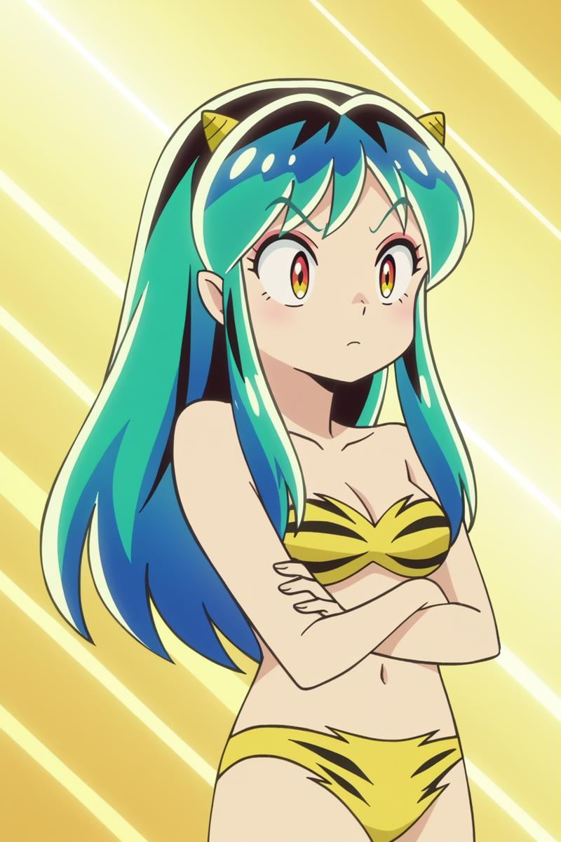 rating_safe,  anime screencap, consistent background,   Lum, oni horns, oni, tiger print bikini <lora:Private_Urusei_Yatsura_2022-Lum-PDXL:0.8>